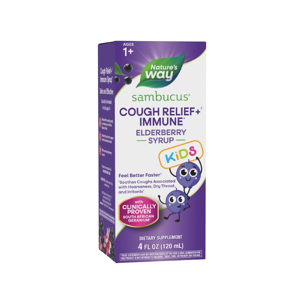 Nature's Way Sambucus Kids Cough Relief +(1) Immune Syrup*, Feel Better Faster(1), Clinically Proven South African Geranium, with Elderberry Extract, Vitamin C & Zinc, Gluten Free, Vegan, 4 Fl Oz