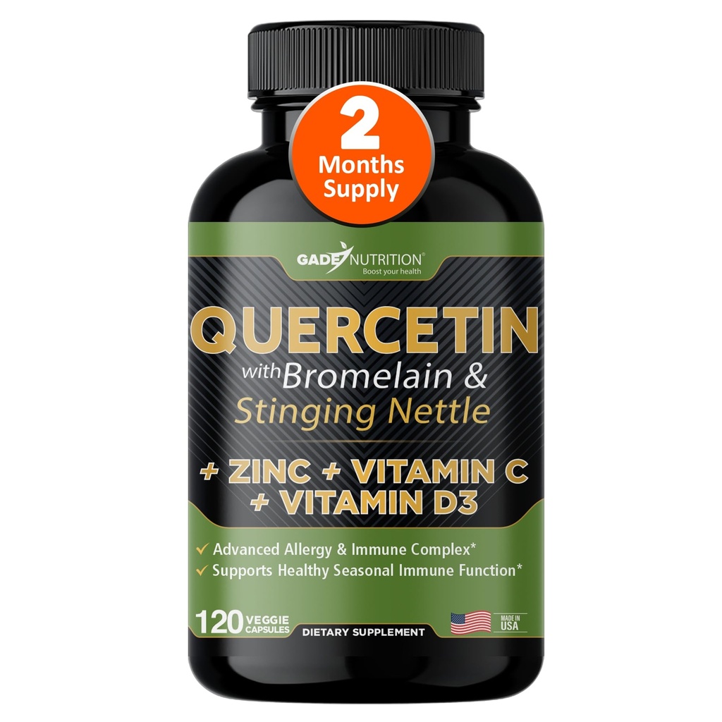 Quercetin med vitamin C og zink - Nettle Quercetin - Quercetin 500mg - Quercetin med bromelain - Zink Quercetin + D3- 120 Veggie Caps - (non-GMO, gluten-fri, Vegan) - 2 måneders forsyning
