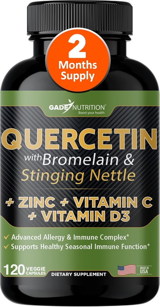 Quercetin med vitamin C og zink - Nettle Quercetin - Quercetin 500mg - Quercetin med bromelain - Zink Quercetin + D3- 120 Veggie Caps - (non-GMO, gluten-fri, Vegan) - 2 måneders forsyning