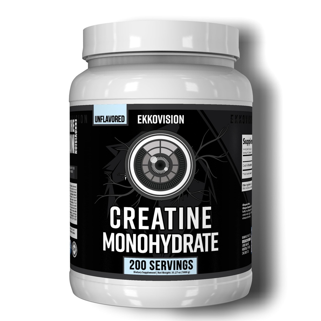 Ekkovision Creatin monohydrat pulver, Mikroniseret, Unflavored, Pre Workout & Post Workout Supplement for mænd og kvinder, Energistøtte, Let at blande i shakes, Smoothies & drikkevarer, 200 Servere