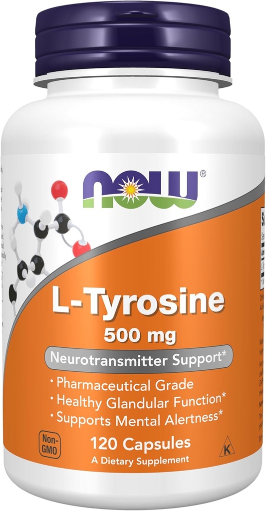 Now Supplements, L- Tyrosine 500 mg, Understøtter Mental Alerness *, Neurotransmitter Support *, 120 Kapsler