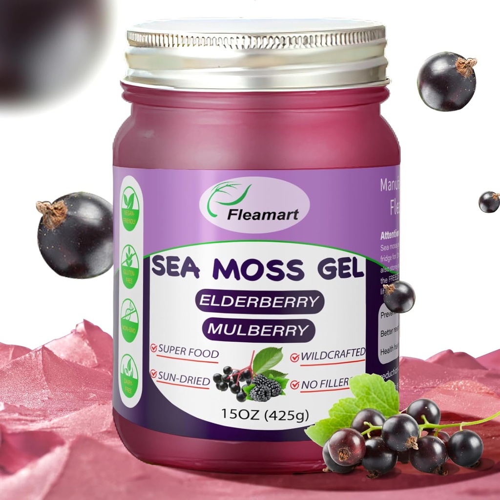 Sea Moss Gel - Natural Wildcrafted Irish Sea Moss Gel non-GMO, Elderberry Flavor 15 OZ