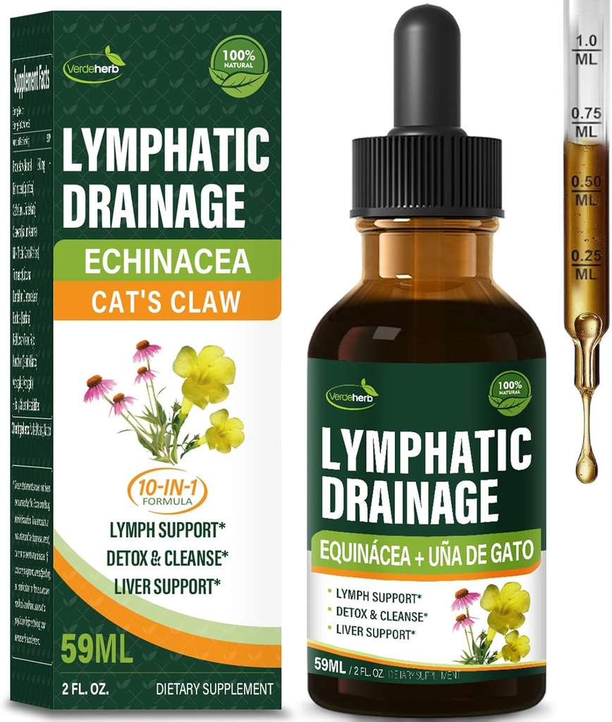 Cleavers Lymphorous Drainage Drops Enhance Lymph System Detox Cleanse, Echinacea, Milk Thistle, Katte Claw, Gurkemeje, Mælkebøtte, Burdock immunforsvar Support Supplement. 2oz