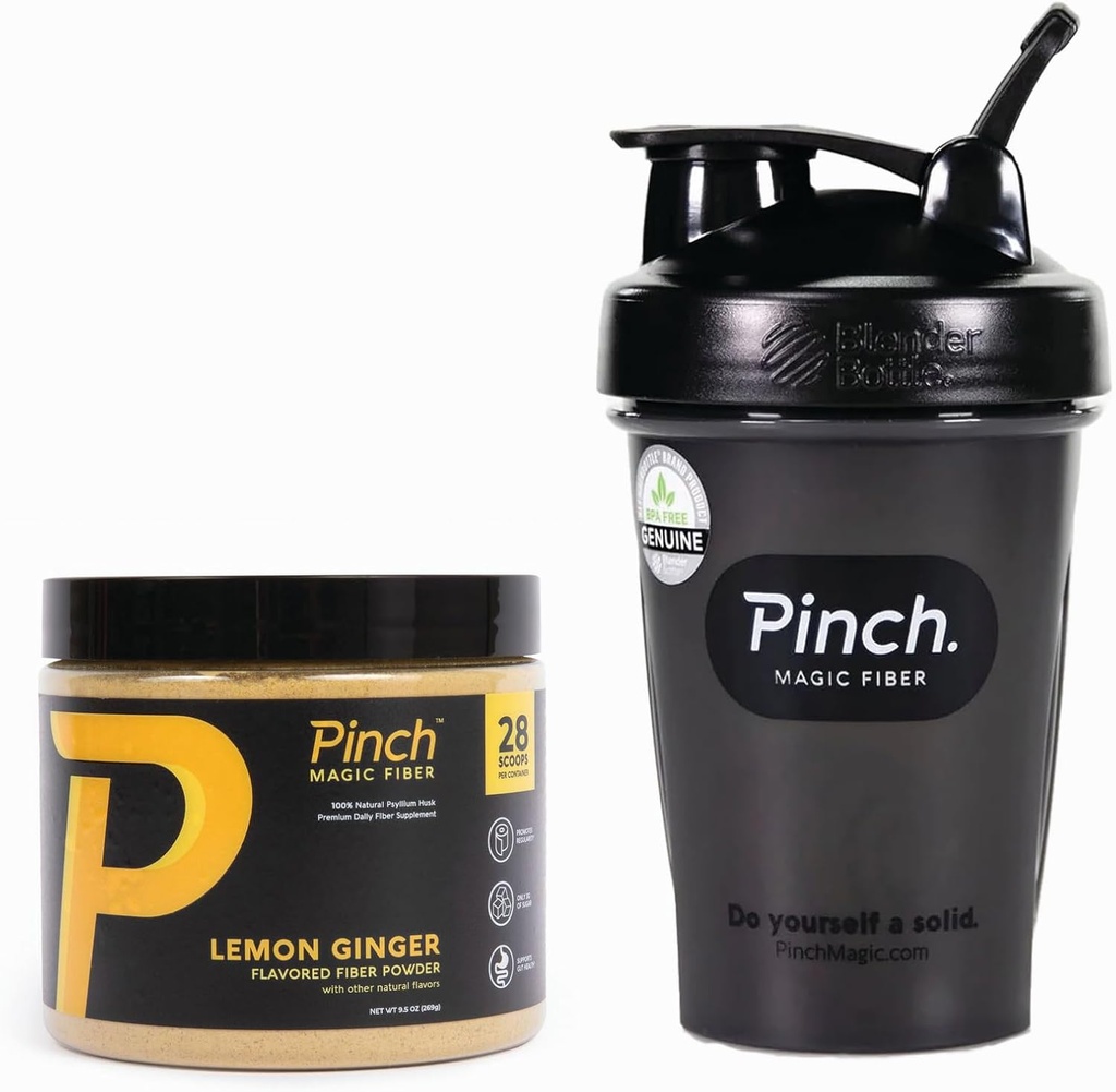 Pinch Magic Fiber & Shaker Combo Combo 124; Prebiotic Psyllium Husk Fiber til fordøjelsessygdomme, Keto, Vegan, Lavsukkeropløsning 124; BPA- Free Shaker til Glat blanding, Travel- Friendly, Opvaskemaskine Værdiboks 124; 28- Day Supply
