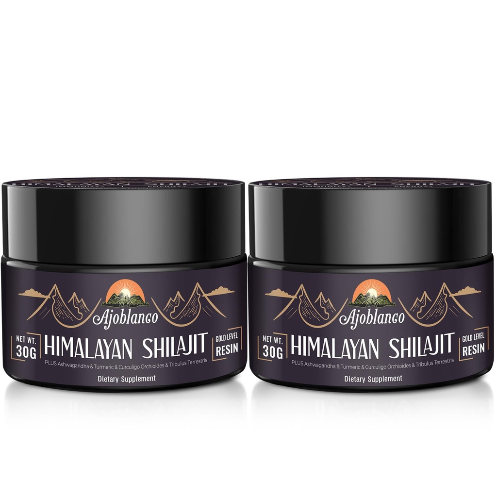 Ajoblanco 600mg Natural Himalayan Organic Shilajit Resin - Himalayan Gold Shilajit Resin med Organic Ayurvedic Blend in High Potence for Energy, Strength & Immunity, Pack of 2
