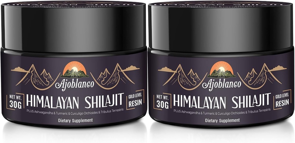 Ajoblanco 600mg Natural Himalayan Organic Shilajit Resin - Himalayan Gold Shilajit Resin med Organic Ayurvedic Blend in High Potence for Energy, Strength & Immunity, Pack of 2