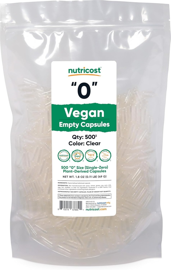 Nutricost Tomme kapsler størrelse 0 Vegan - 500 Clear Tomme Plant- Based Kapsler - Kosher Certified, Halal Certified, Non- GMO, Soy Free, Gluten Free, Vegetar