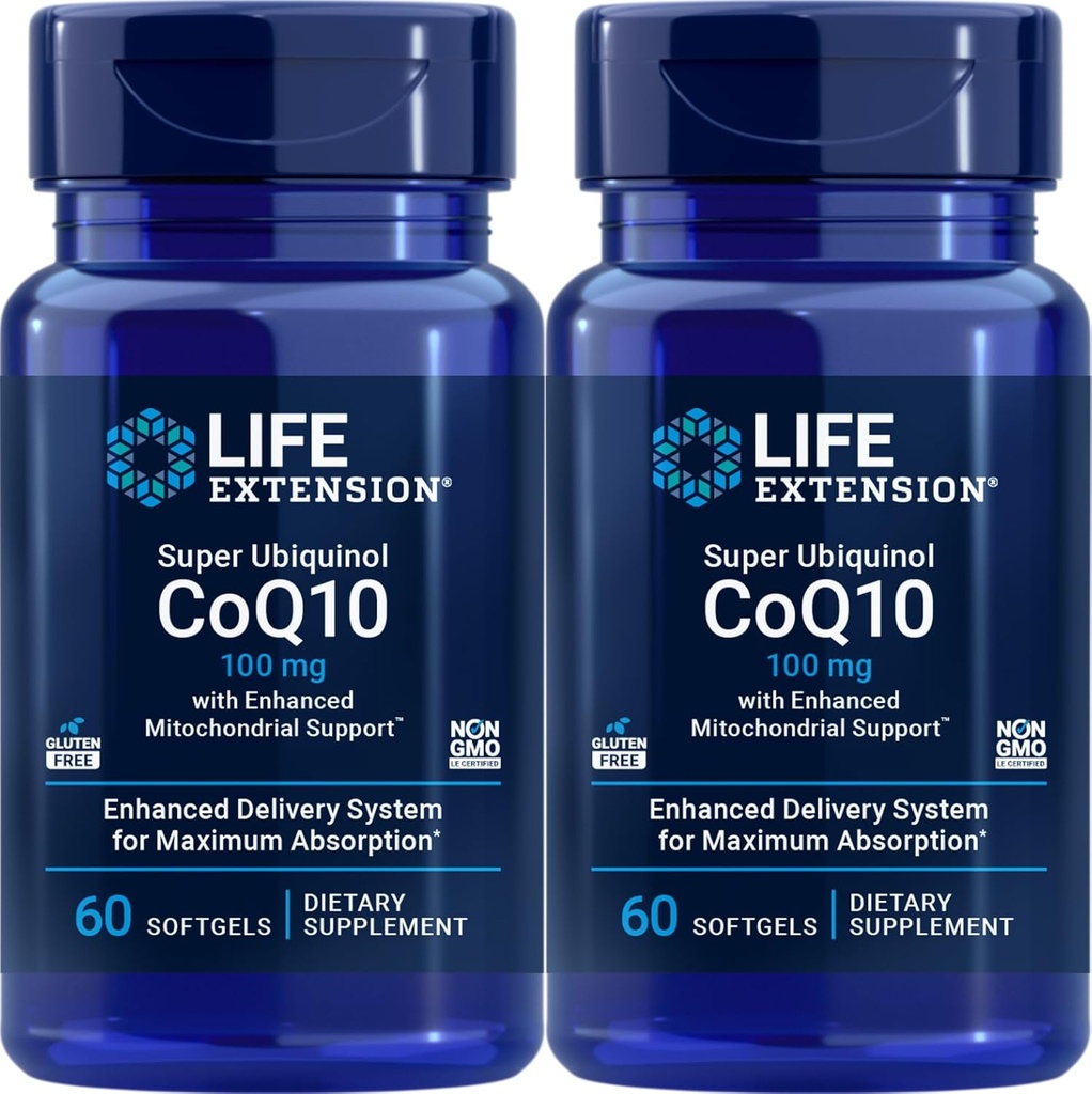Life Extension Super Ubiquinol CoQ10 med forbedret Mitokondriel Support 100 mg, 60 softels (pakke med 2)
