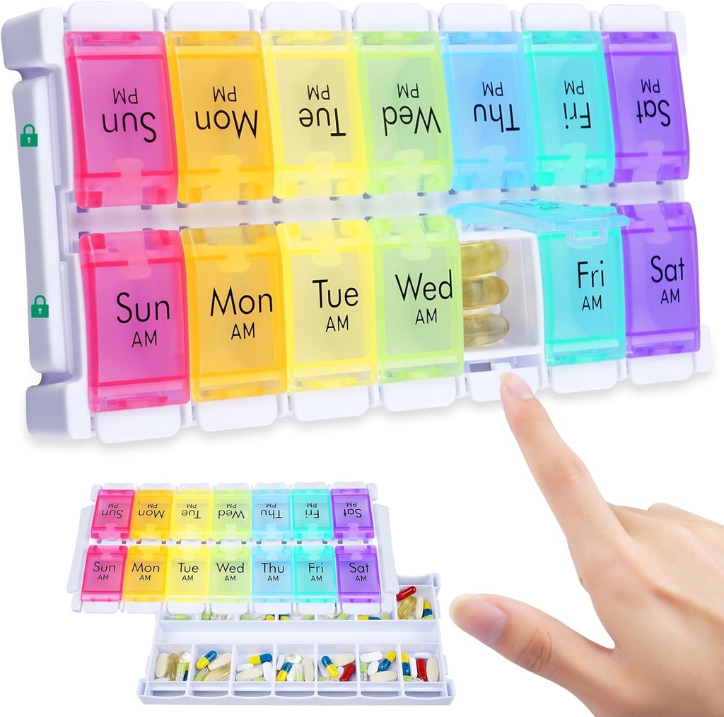 MERICARGO Weekly Pill Organizer 2 gange om dagen, Easy Fyld Stor Pill Box 7 dag, Am Pm Medicine Organizer, Trykknap Daglig Pill sag for Vitamin, Fish Oil, Kosttilskud