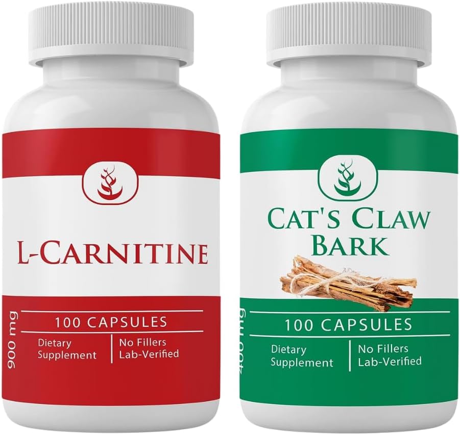 PURE ORIGINAL INGREDIENSER L- Carnitin og Cats Claw Bark Bundle, 100 kapsler Hver, Altid Pure, Ingen tilsætningsstoffer eller Fillers
