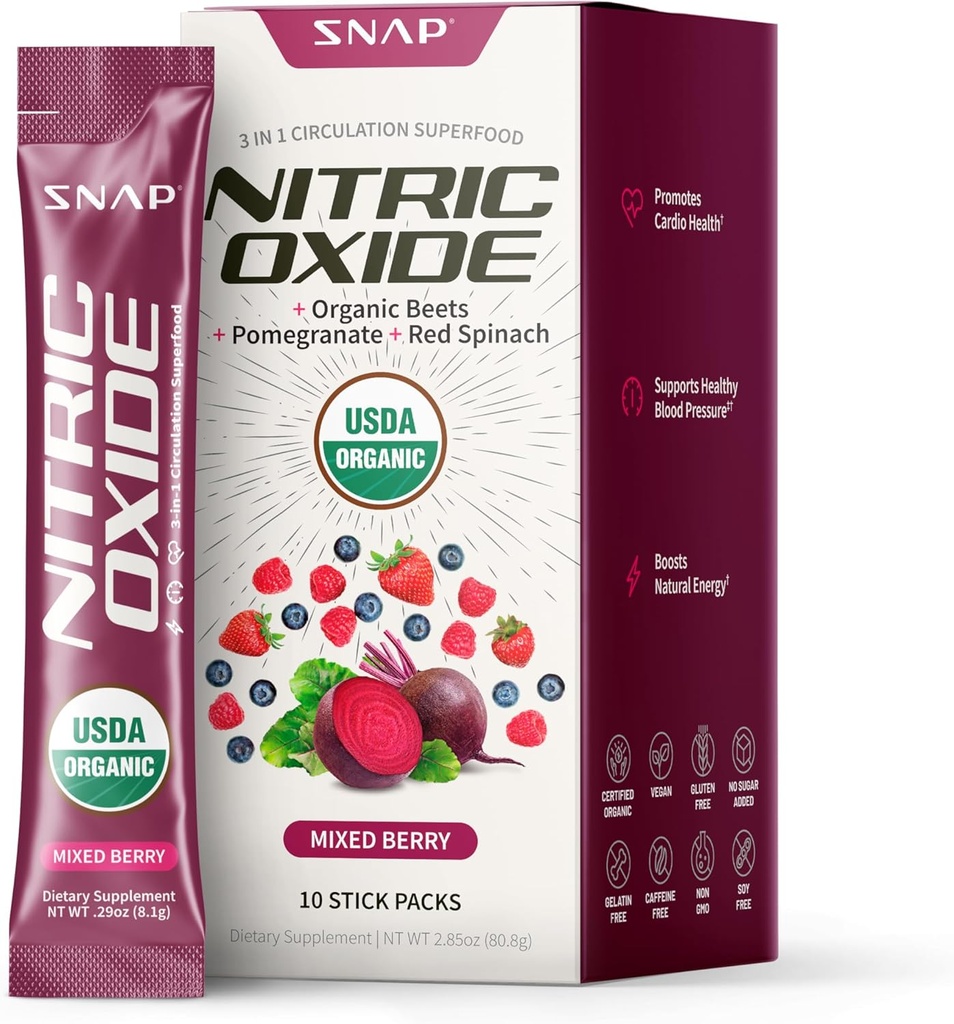 Snap Kosttilskud USDA Organic Beet Root Nitric Oxide Supplement, Understøtter cirkulation og sundt blodtryk allerede inden for normalområdet, 10 Single-Serve Packs, Blandede Berry