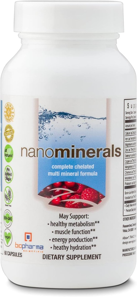 Biopharma Scientific NanoMinarities against 124; Komplet Chelated Multi- Mineral Kapsels against 124; Calcium, Magnesium, Zink, Jern, Kalium, Kobber, Chrom & Mere; 30 Servere
