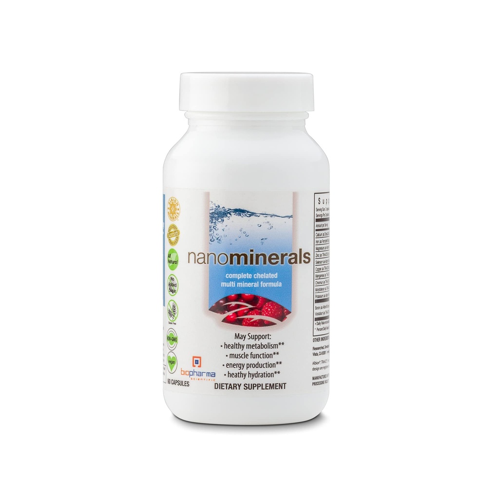 Biopharma Scientific NanoMinarities against 124; Komplet Chelated Multi- Mineral Kapsels against 124; Calcium, Magnesium, Zink, Jern, Kalium, Kobber, Chrom & Mere; 30 Servere