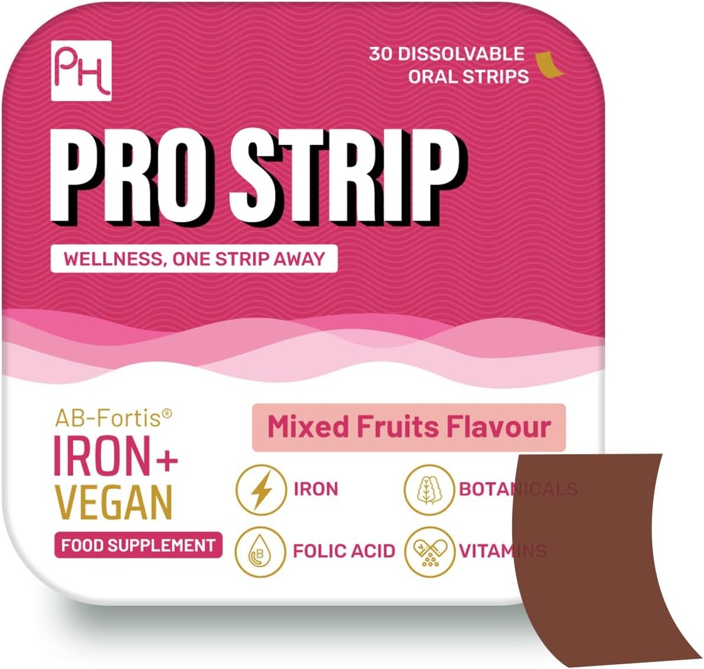 PROSTRIP ® Iron + AB- Fortis ® 14mg tilsat C-vitamin, B1, B2, B6, folinsyre, rødbeder, spinat og tærte Cherry - 30 Oral Vegan Strips - Ingen vand påkrævet - Høj Absorption ved Provis Healthcare