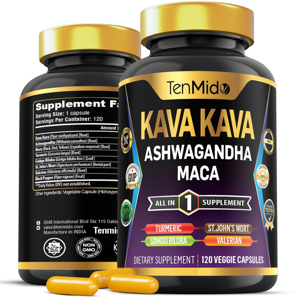 Kava Kava Root Supplement - 8in1 Formel - Kombiner med Ashwagandha, Maca, gurkemeje, Ginkgo Biloba, St. John 's Wort, Valerian & Black Pepper - 120 Vegansk Kapsler, 4 Måneder Supply