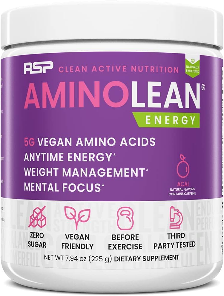 RSP NUTRITION AminoLean Natural Pre Workout Powder, Sucralose Free Amino Energy with No Artificial Dyes, Vegan BCAAs and Weight Management, Acai, 25 Serv