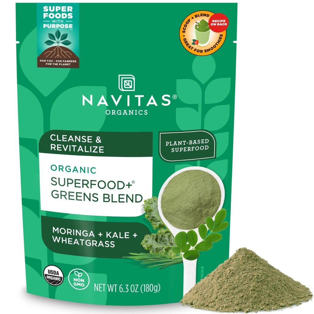 Navitas Organics Superfood + Green Blend for Detox Support (Moringa + Kale + Wheatgrass), 6.3oz Bag, 30 Servere - Organic, Non- GMO, Vegan, Gluten- Free, Keto & Paleo....