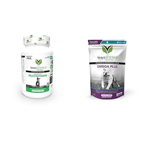 VetriScience Canine Plus MultiVitamin til hunde, 90 tabletter & Omega Plus Avanceret Skin supplement til hunde, 40 tygger