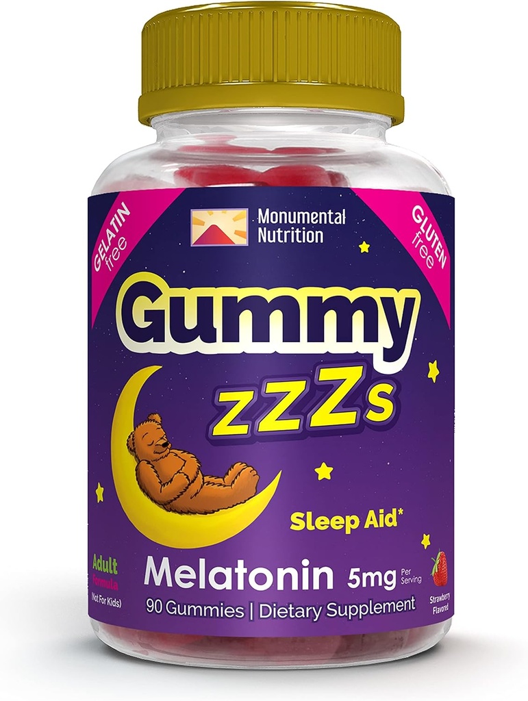 Gummy ZZs Melatonin - Sleep Gummies 5 mg - Strawberry Flavor - 90 Count - Vegan- Friendly, Gelatine og Gluten Free - Halal og Kosher Certified - Nighttime Gummies for Mænd og Kvinder
