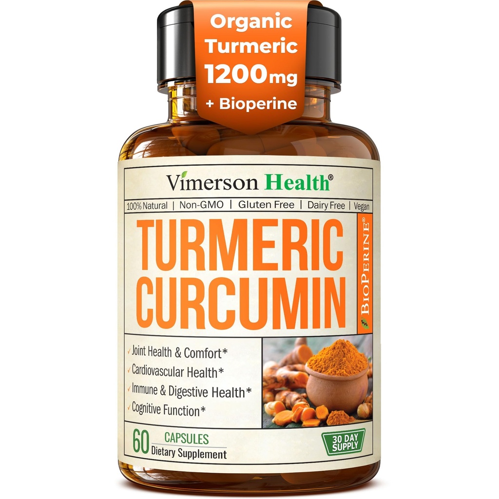 Gurkemeje tillæg med sort peber ekstrakt - høj potens Økologisk gurkemeje 1200mg & 95% Curcuminoider til fælles & fordøjelsesmæssig sundhed - Fælles supporttillæg - 60 Vegansk Curcuma kapsler