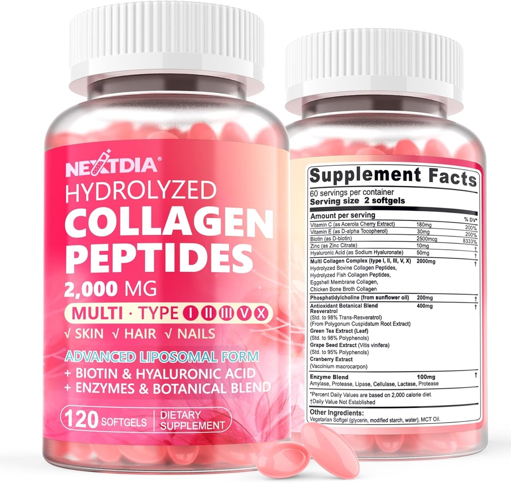 2 Pack Liposomal Collagen Peptides Pills for Women 2000mg, Multi Hydrolyzed Collagen Type I, II, III, V, X med 2500mcg Biotin - Collagen Kosttilskud Softgel med hår, hud & negle Vitaminer, 240 Cts