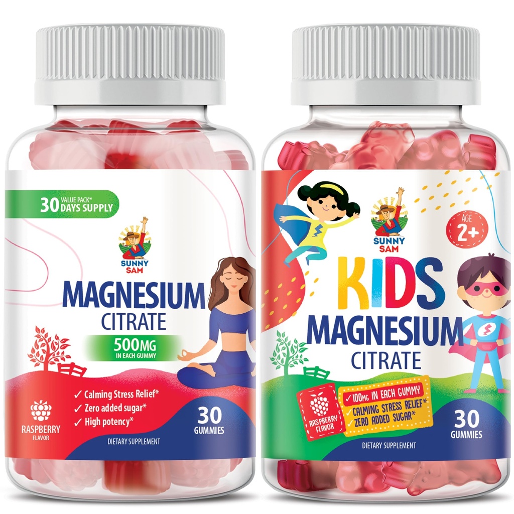SUNNY SAM Magnesium gummier for børn 100mg og Magnesium gummier for voksne - 500mg. Rolig Magnesium tykkere - Magnesium Citrate Chewable Supplement for Mood & Muscle Support