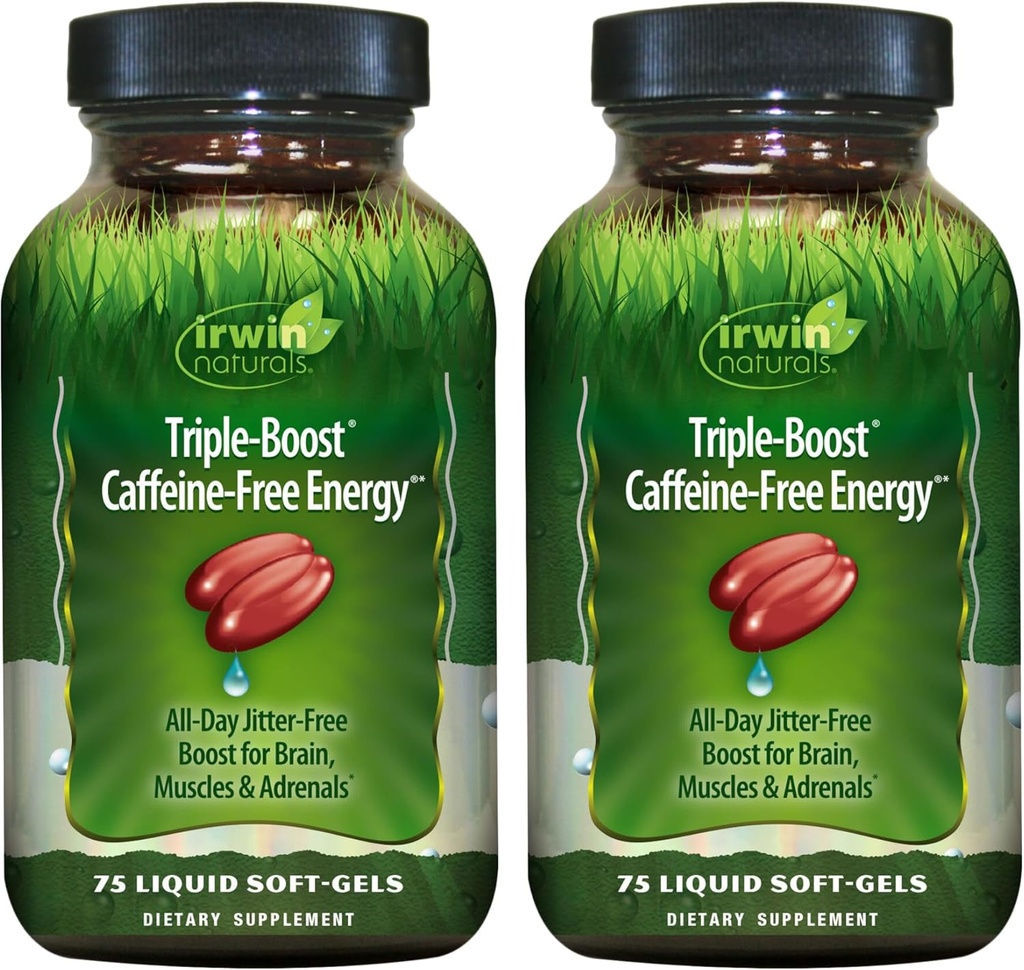 Irwin Naturals Triple- Boost Coffeine- Free Energy - 75 Liquid Soft- Gels - Adaptogen Daily Energy Support - 2 Pack