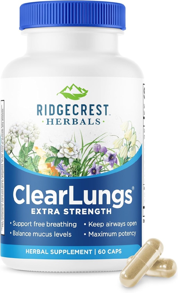 RidgeCrest Herbals ClearLungs Extra Strength, Natural Lung, Nasal Health Formel, Bronchial, Luftveje, Sinus, Mucus Support (60 Caps, 30 Serv)