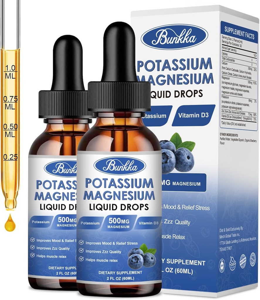 (2 Pack) Kalium Magnesium Supplement Flydende med kalium, magnesium, calcium, D3- vitamin, zink, til voksne og børn, sukkerfri