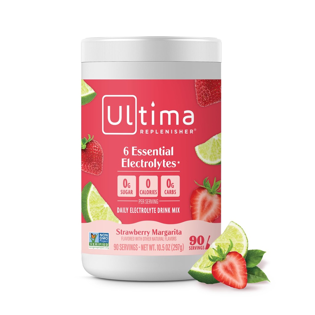 Ultima Replenisher Daily Electrolyte Powder Drink Mix - Sugar Free - Strawberry Margarita, 90 Servering - Hydration Powder med 6 Key Electrolytes og Trace Minerals - Keto Friendly, ikke-GMO