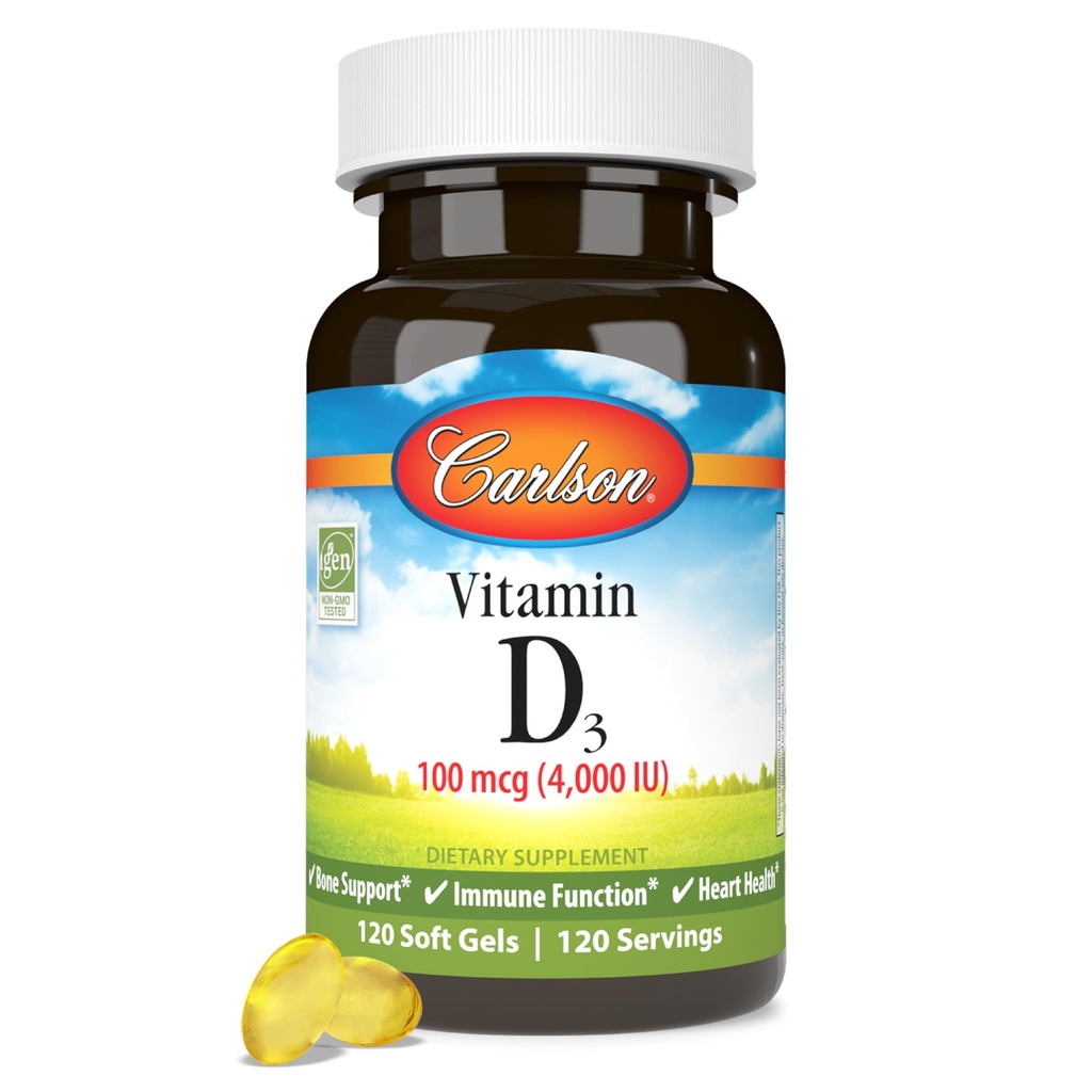 Carlson - D3- vitamin, 4000 IE (100 mcg), D- vitamintilskud, ben- og immunsundhed, kollecalciferol supplement, gluten frie D- vitaminkapsler, 120 Softgels