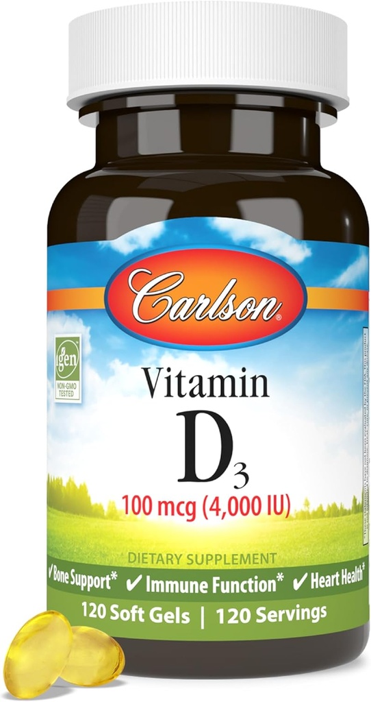 Carlson - D3- vitamin, 4000 IE (100 mcg), D- vitamintilskud, ben- og immunsundhed, kollecalciferol supplement, gluten frie D- vitaminkapsler, 120 Softgels