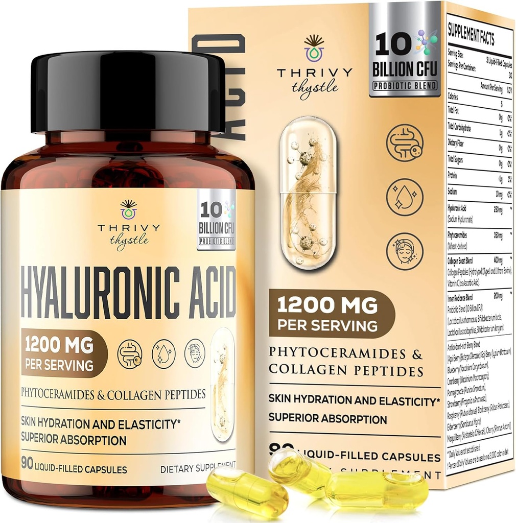 19- in-1 Hyaluronsyre kapsler - Hylunarinsyre 1200 mg, med kollagen peptider, C-vitamin, Phytoceramider - for hud, øjne, Gastrointestinal, Bones Support (1 pakke)