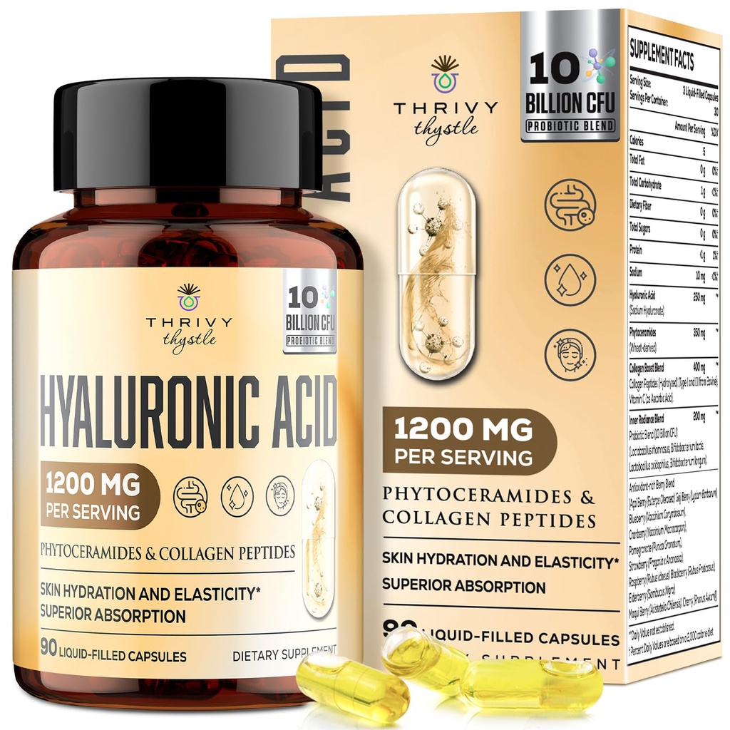 19- in-1 Hyaluronsyre kapsler - Hylunarinsyre 1200 mg, med kollagen peptider, C-vitamin, Phytoceramider - for hud, øjne, Gastrointestinal, Bones Support (1 pakke)