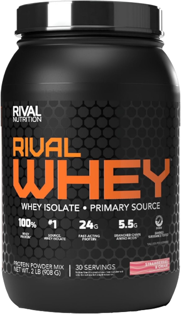 Rivalus Rivalvalvalle - Strawberry Creme 2lb - 100% Whey Protein, Whey Protein Isolate Primary Source, Clean Nutritional Profile, BCAA, No Banned Substances, Made in USA