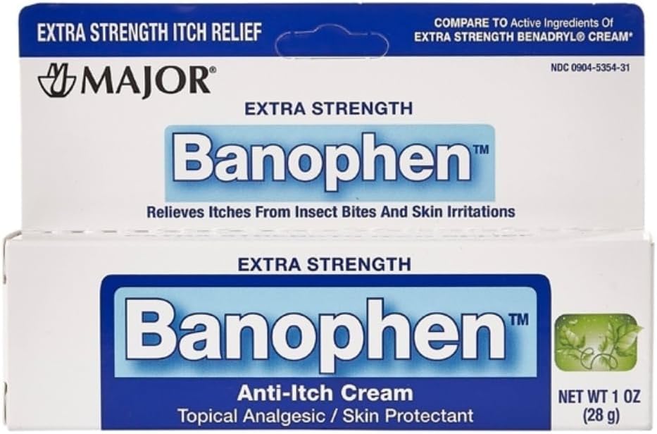 MAJOR Extra Strength Banophen - Anti- Itch Cream - tematisk analytisk hudbeskytter - Hjælper lindring kløer fra Insect Bites og hudirritationer - 1 Oz. (1 pakke)