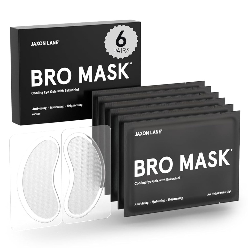 BRO MASK under øje lapper til mænd hudpleje 124; kølende øjenmasker til mørke cirkler og puffiness, Anti Aging Hydrogel Pads med Bakuchiol, Koffein & Niacinamid, Eye tasker Behandling for mænd (6 par)