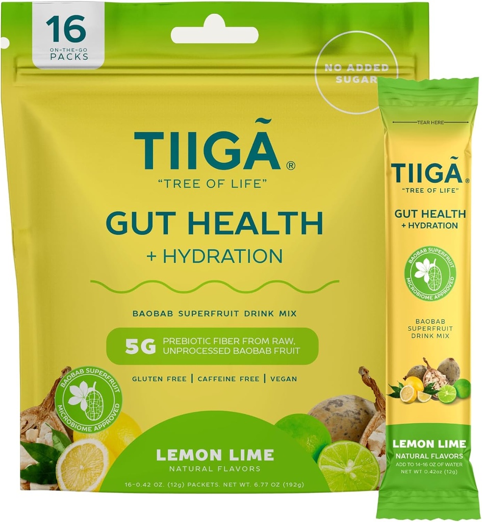 Tiiga Gut Health + Hydration Drink Mix - 7g Baobab, 5g Prebiotic Fiber, Electrolytes, No Dairy, Vegan, Ingen tilsat sukker, fordøjelse, regelmæssighed, & Forstoppelse - 16 Serveringer