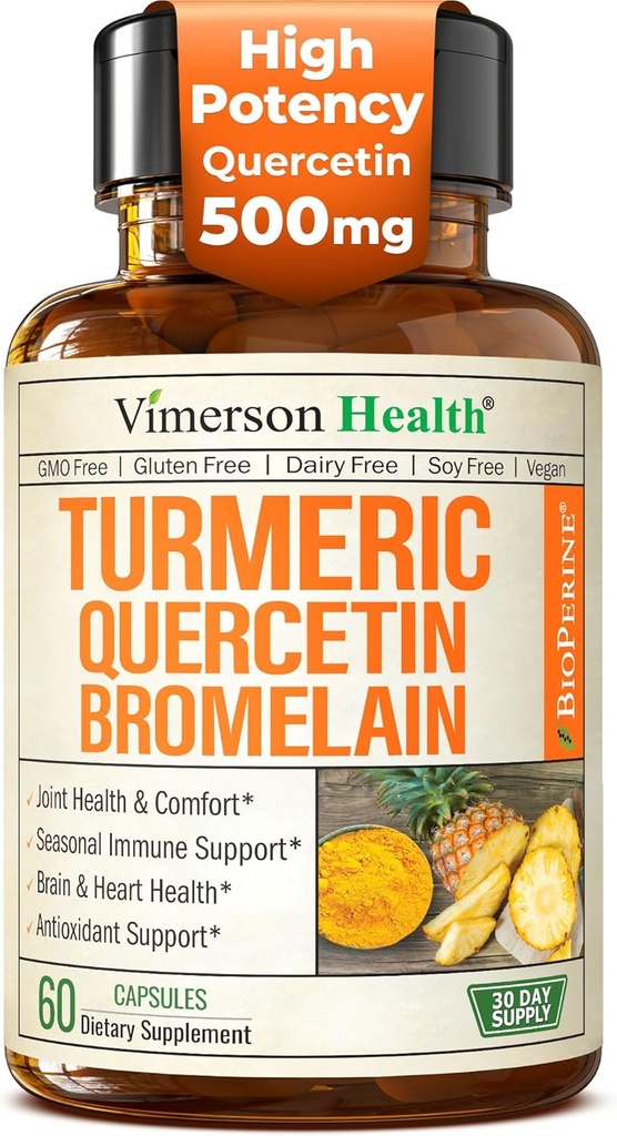 Quercetin med bromelain Gurkemeje supplement - Allergi Relief, Fælles & immunstøtte - Økologisk gurkemeje tillæg med sort peber (Bioperine) - 60 Quercetin 500 mg kapsler