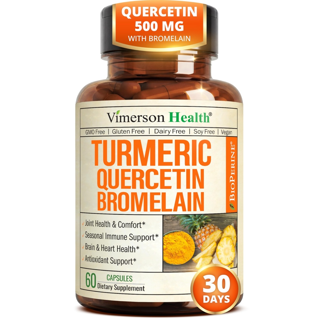 Quercetin med bromelain Gurkemeje supplement - Allergi Relief, Fælles & immunstøtte - Økologisk gurkemeje tillæg med sort peber (Bioperine) - 60 Quercetin 500 mg kapsler