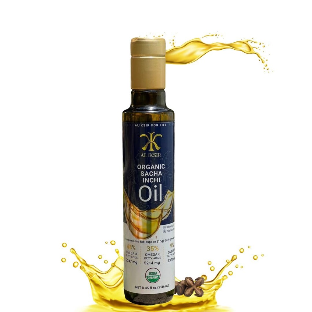 Organic Sacha Inchi Oil, Amazonsk frø - Ekstra Virgin, 100% Natural, High Omega 3 (7247 mg), Omega 6 (5214 mg), Omega 9 (1370 mg), Cold Pressed med E-vitamin - antioxidanter, der hjælper dig hår, negle og hud.