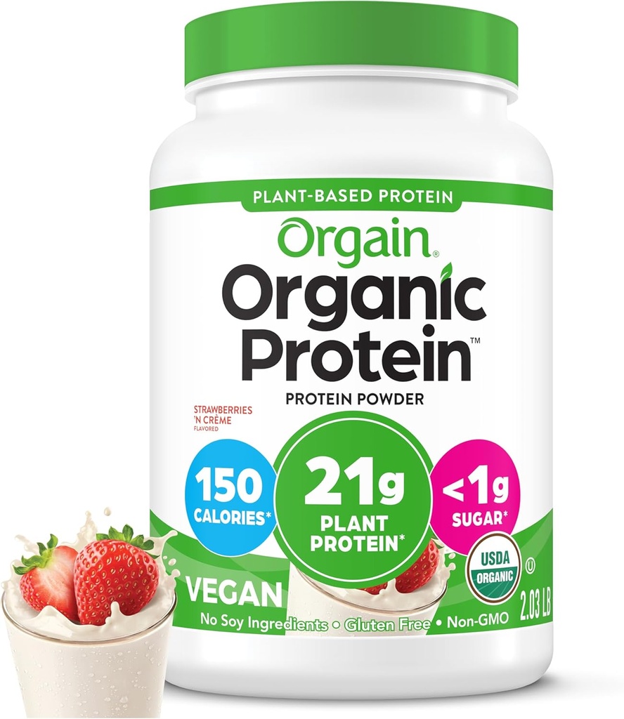 Orgain Organic Vegan Protein Powder, Strawberries & Cream - 21g Plant Based Protein, Low Net Carbs, Gluten / Lactose Free, No Sugar Added, Soy Free, Non- GMO, 2.03 Lb