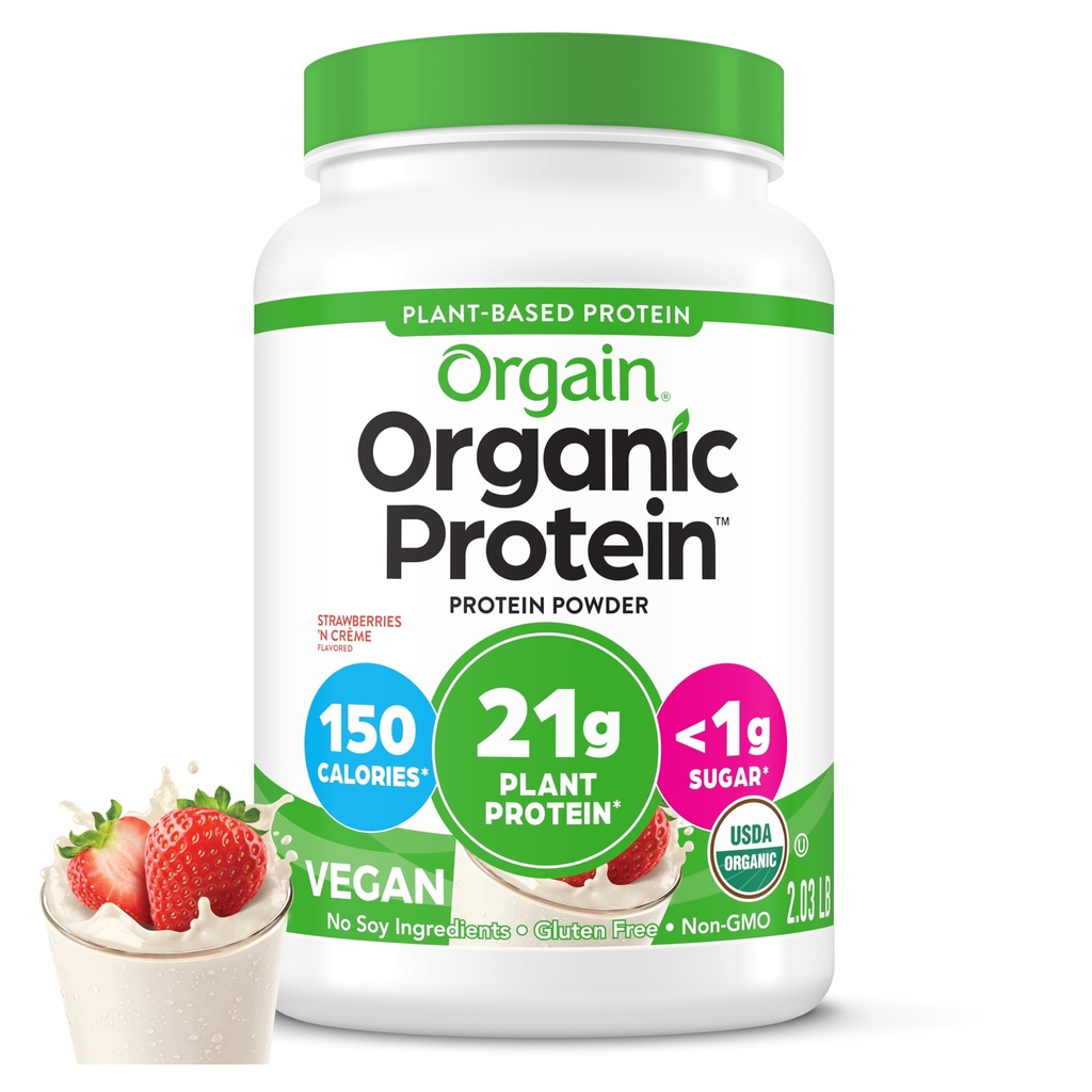 Orgain Organic Vegan Protein Powder, Strawberries & Cream - 21g Plant Based Protein, Low Net Carbs, Gluten / Lactose Free, No Sugar Added, Soy Free, Non- GMO, 2.03 Lb