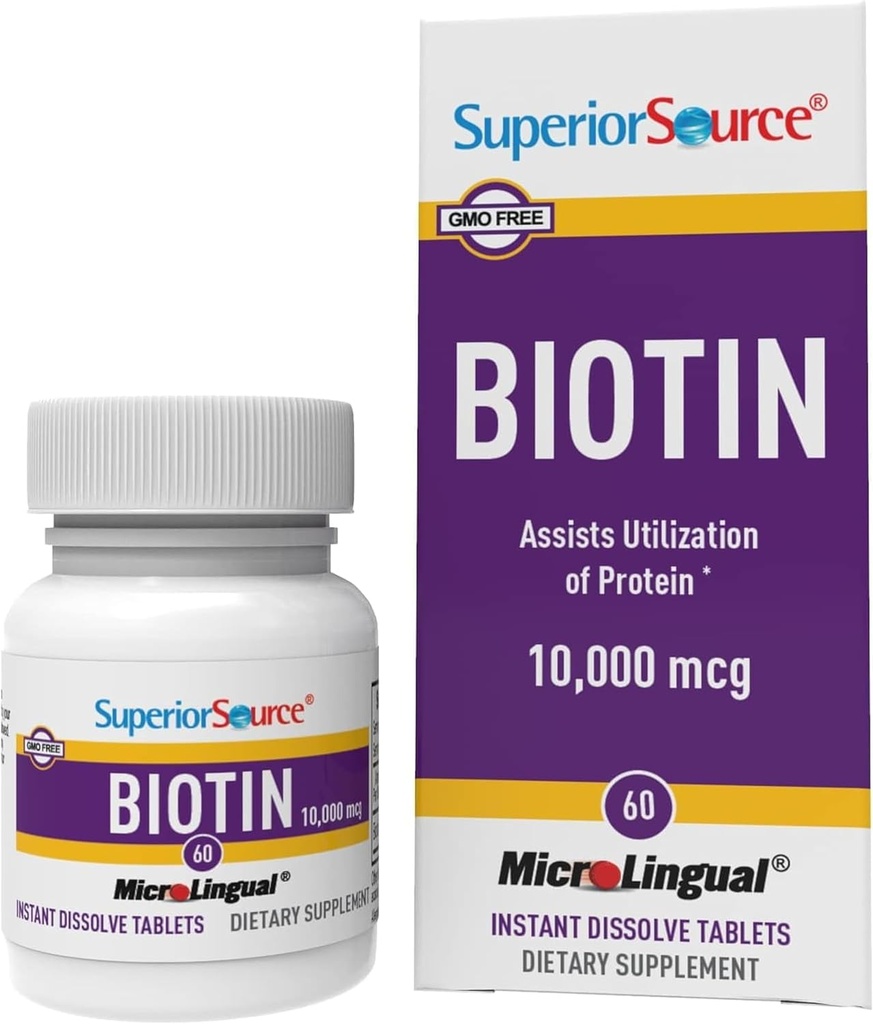 Superior Source Biotin 10.000 mcg - Dagligt tillæg understøtter hårsundhed & vækst - Natural Biotin supplement hjælpemidler Sunde negle & Hud - 60 Sublingual Opløsning tabletter
