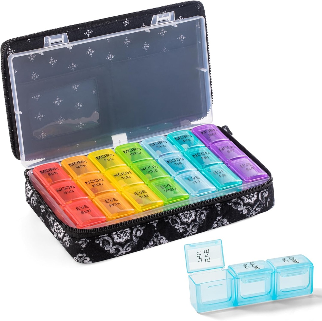 Ugentlig Pill Organizer 3 gange om dagen - Pill Box 7 Dag 3 gange om dagen med Cute Quilted Fabric Zipper Bag- Travel Pill sag 7 Dag 3 gange om dagen for Vitamin Medicine Organizer