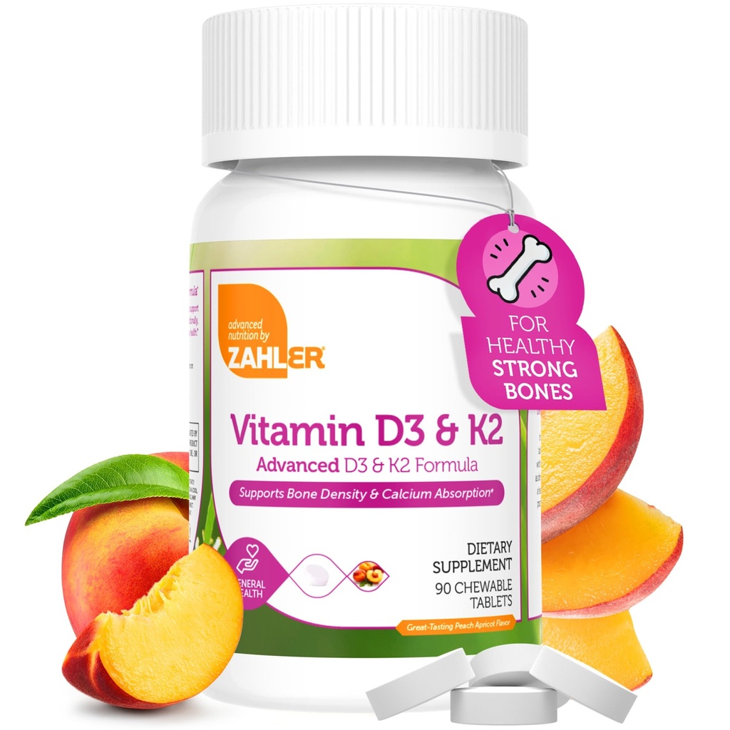 Zahler - Vitamin D3 & K2 Chewable Supplement (90 Tæl) - Certificeret Kosher K2 D3 Vitamin 5000 IE Delicious Chew Tablet - Vitamin D & K2 til Calcium Absorption, Knogletæthed og immunforsvar