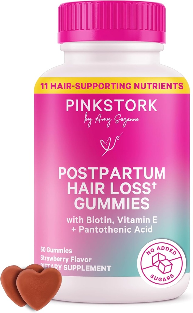 Pink Stork Postpartum Hårtab Gummebånd 124; biotin, pantothensyre, E-vitamin E, B6, B12 Beeg 124; postnatal hårvækst + regrobutter Support 124; Breastly-Friendly