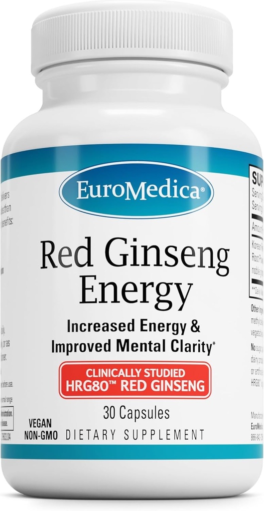 EuroMedica Red Ginseng Energy - Support to Support Sund Energi & Fokus - Urte Supplement med Koreansk Rød Ginseng Root Powder - Vegan tabletter til støtte sund holdbarhed - 30 kapsler