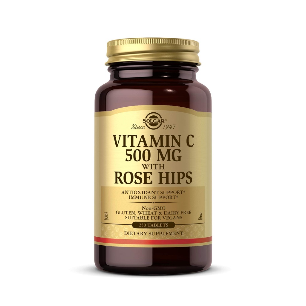 Solgar C-vitamin 500 mg med Rose Hips, 250 tabletter - Antioxidant & immunforsvar - Samlet sundhed - Understøtter sund hud & Joints - Ikke GMO, Vegan, Gluten Free, Dairy Free, Kosher - 250 Servere