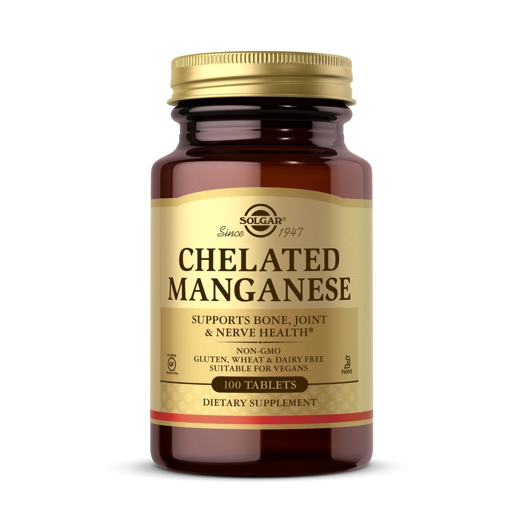 Solgar Chelated Mangan - 100 tabletter - Understøtter Bone, Joint & Nerve Sundhed - Non- GMO, Vegan, Gluten Free, Dairy Free, Kosher - 100 Servere